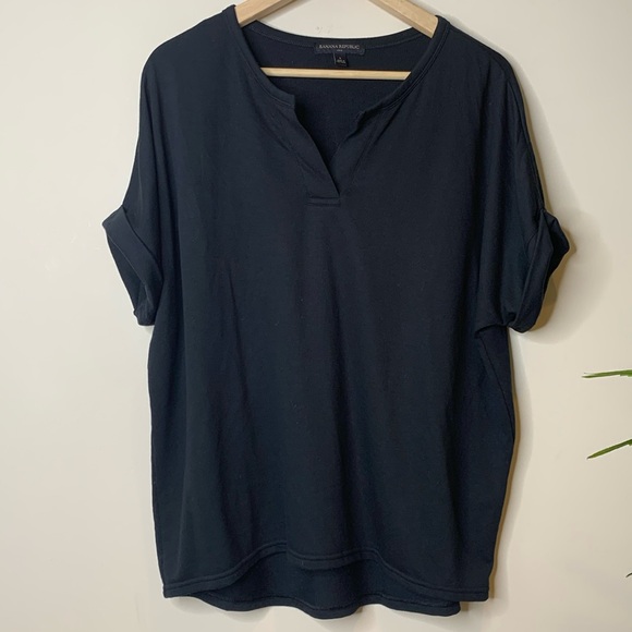 Banana Republic Tops - Banana Republic | Black Split Neck Cuffed Short Sleeve Slight Hi Low Hem Top L
